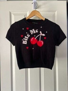 Forever 21 Cherry Crop Top Bite Me Graphic Knit Y2K Coquette Size S